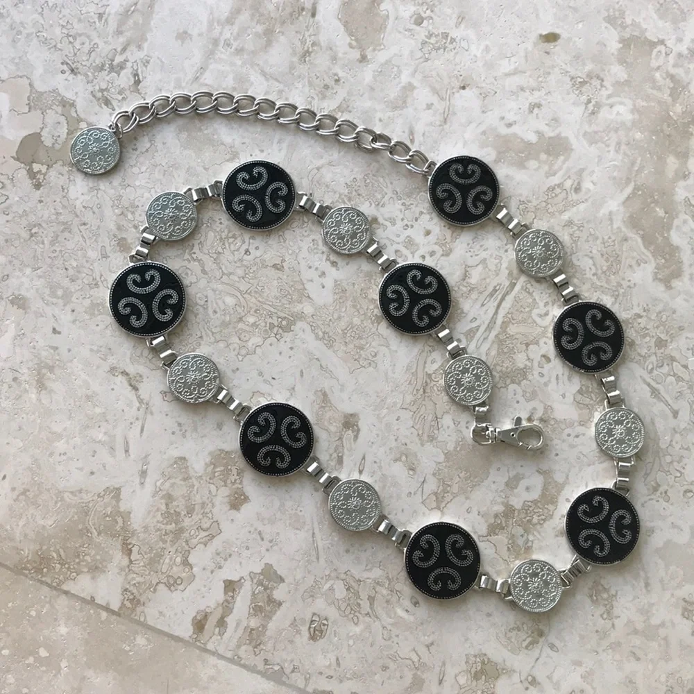 Black and Silver Chain Belt with Medallions one size